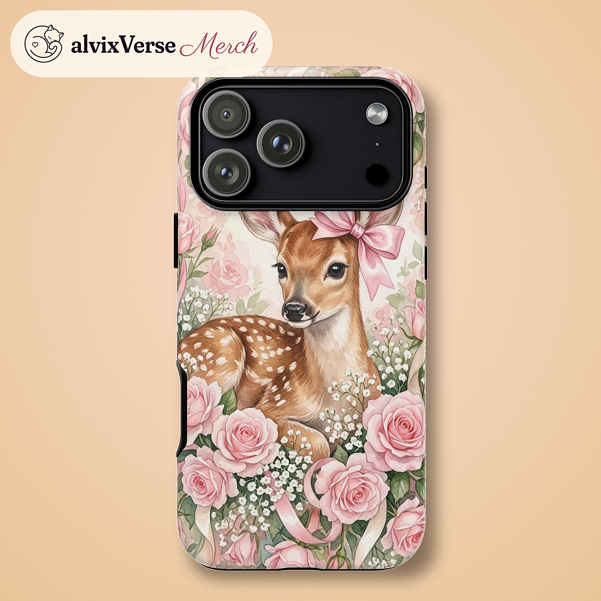 Coquette Fawn Phone Case, Pink Bow Deer and Roses Tough Case for iPhone - Image 5