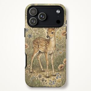 Vintage Fawn Phone Case, Storybook Wildflower Meadow Tough Case for iPhone