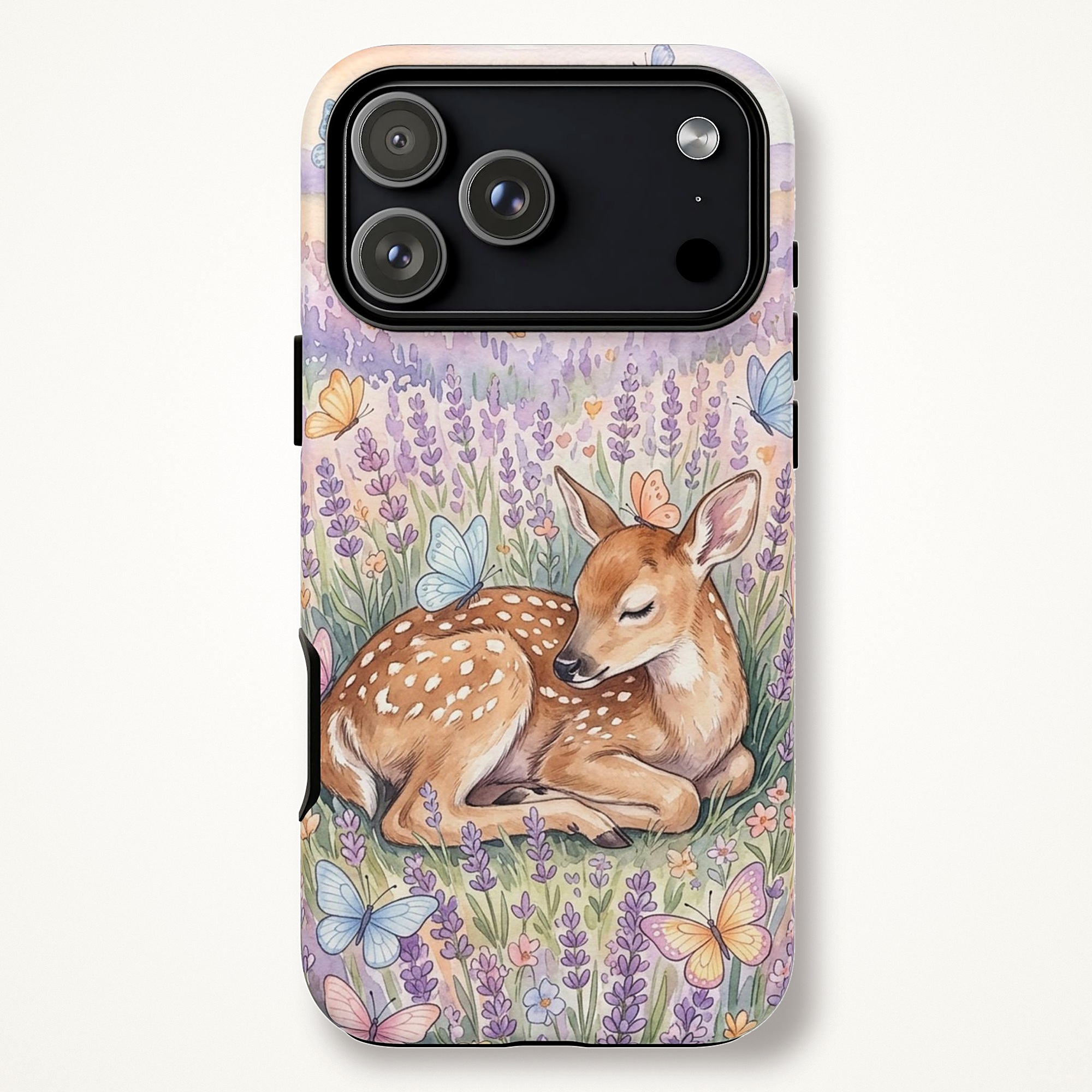 Fawn and Butterflies Phone Case, Lavender Field Watercolor Tough Case for iPhone - Image 4