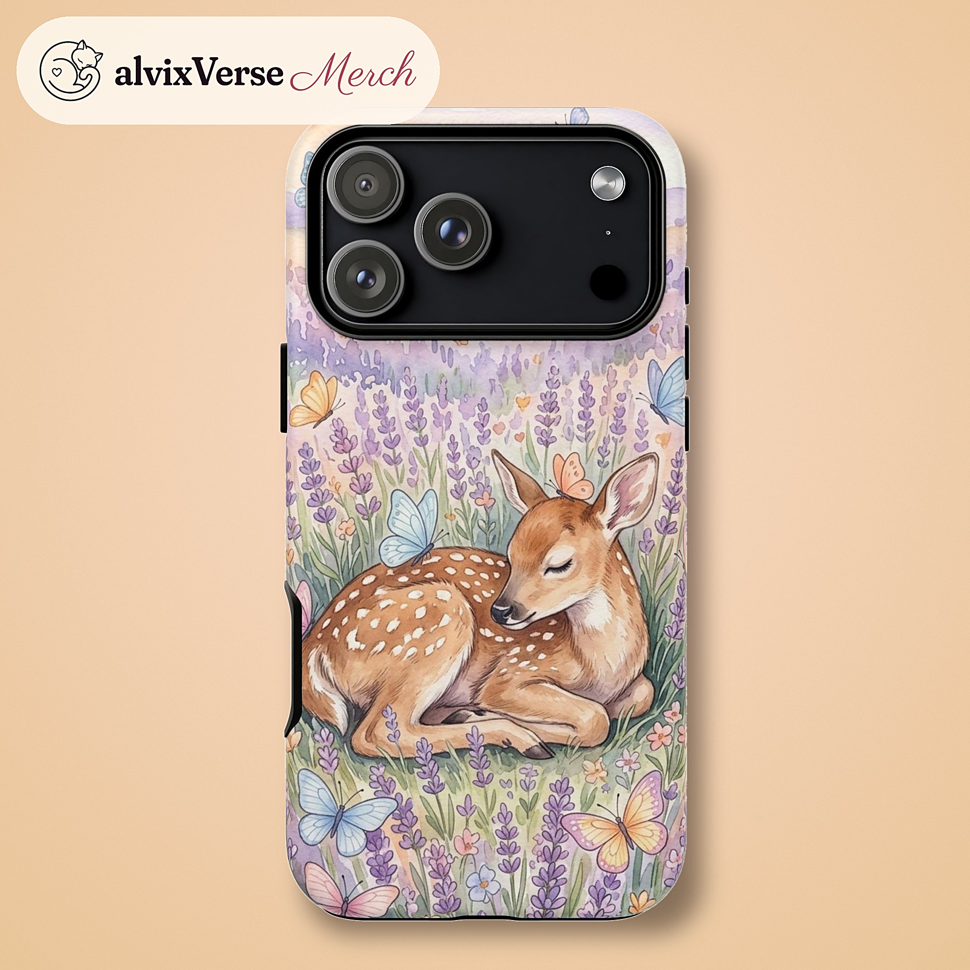 Fawn and Butterflies Phone Case, Lavender Field Watercolor Tough Case for iPhone - Image 5