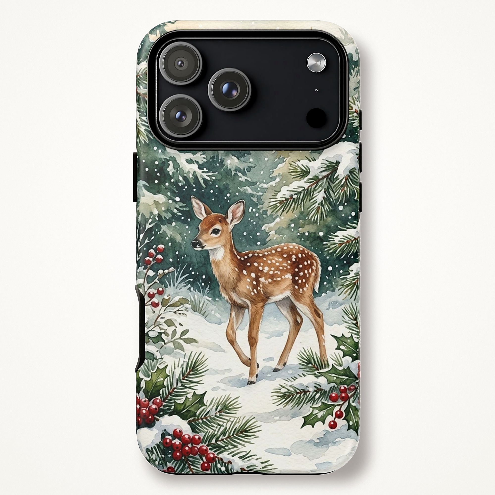 Winter Fawn Phone Case, Snowy Holly Berry Deer Tough Case for iPhone