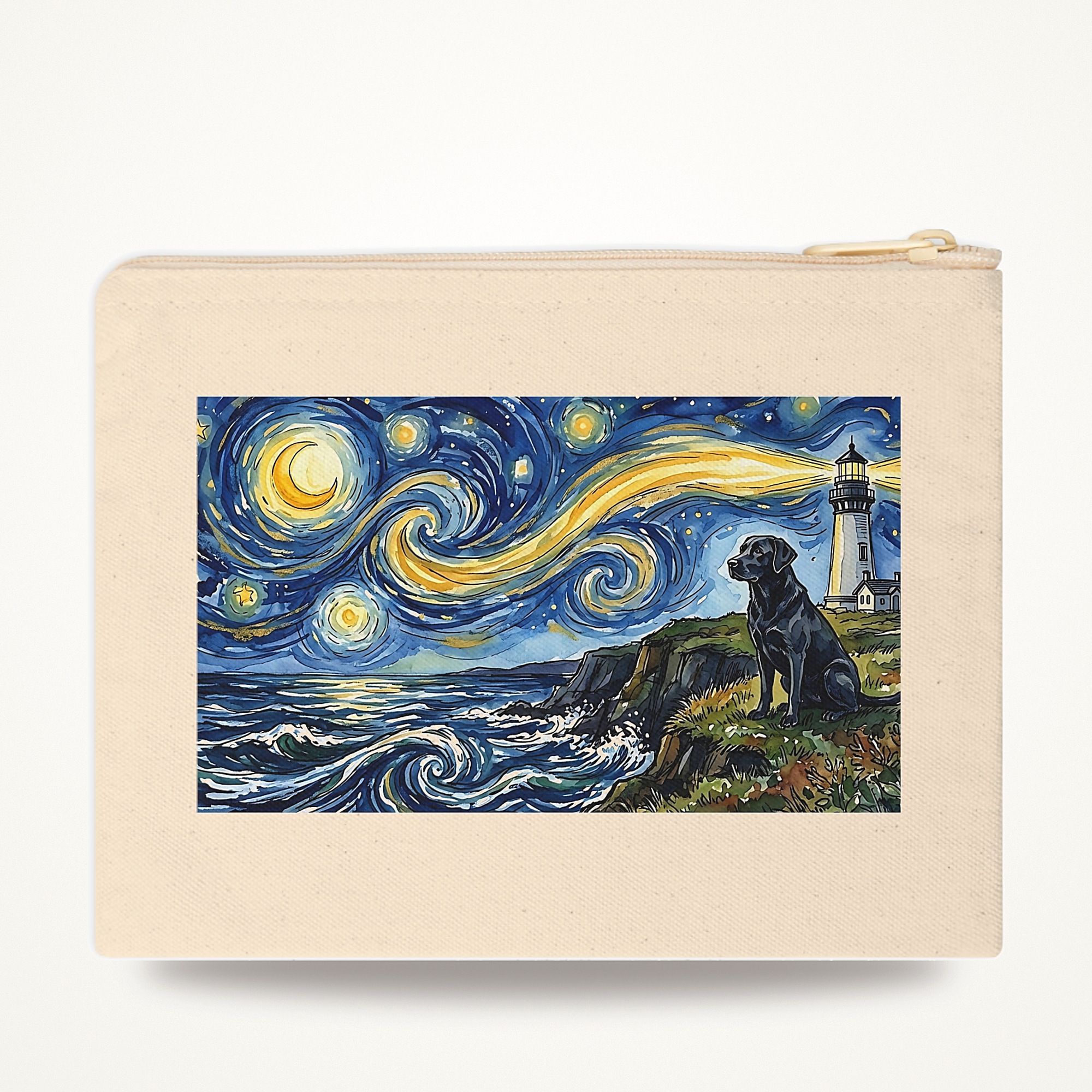 Black Lab Zipper Pouch, Lighthouse Starry Sky Watercolor Dog Makeup Bag