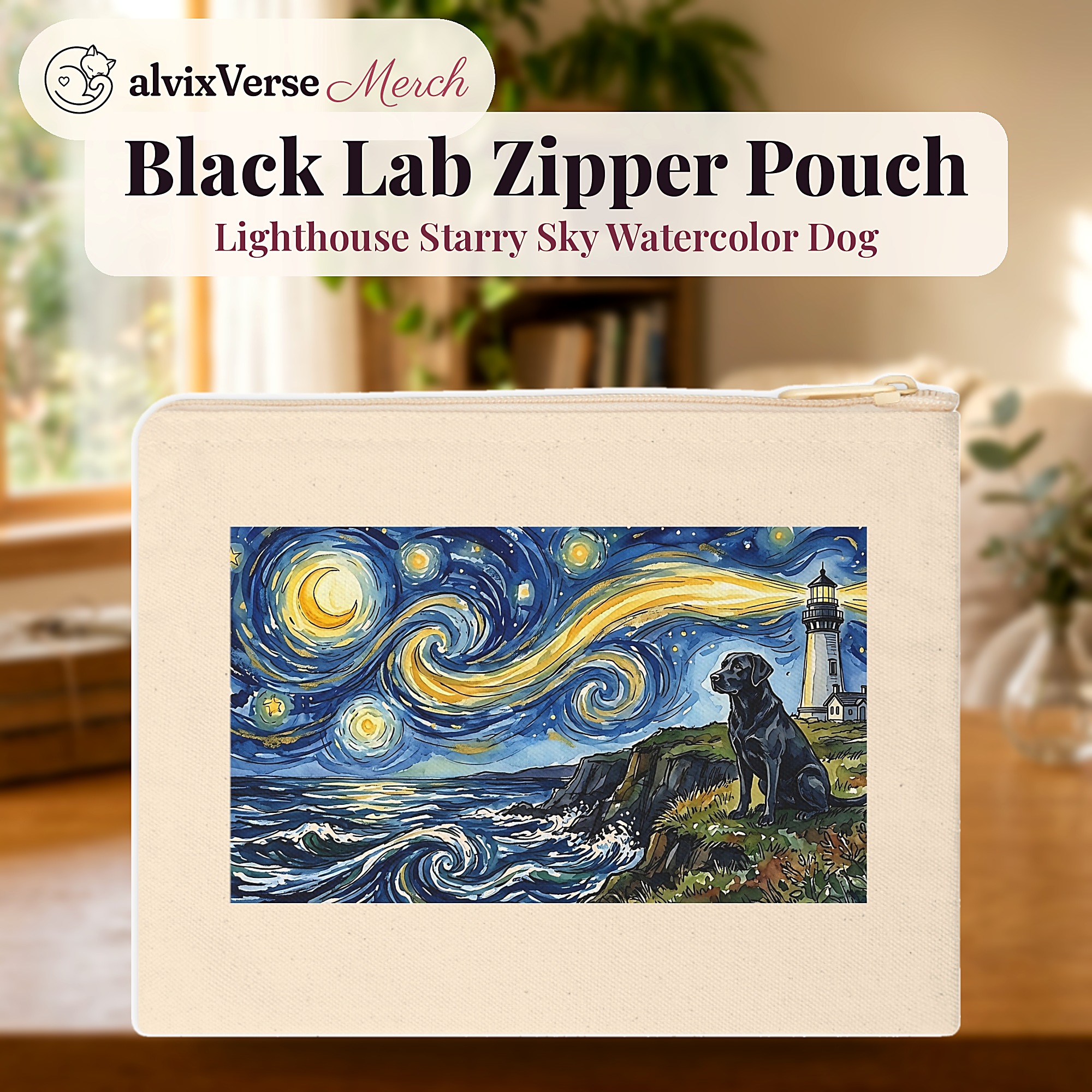 Black Lab Zipper Pouch, Lighthouse Starry Sky Watercolor Dog Makeup Bag - Image 2