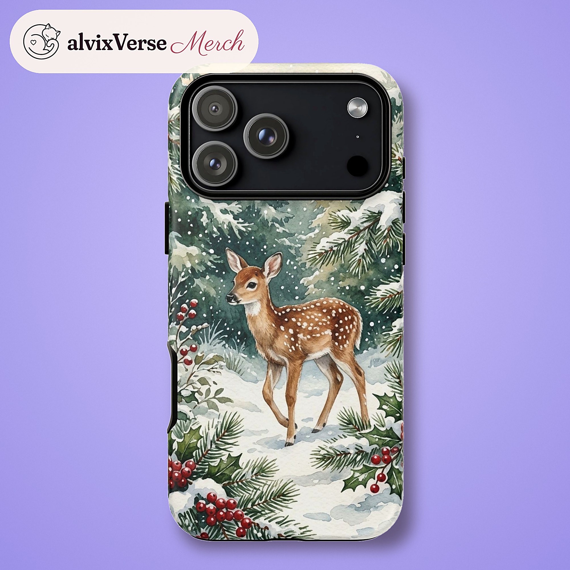 Winter Fawn Phone Case, Snowy Holly Berry Deer Tough Case for iPhone - Image 5