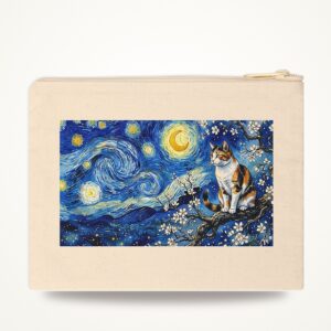Calico Cat Zipper Pouch, Almond Blossom Starry Sky Watercolor Cat Makeup Bag
