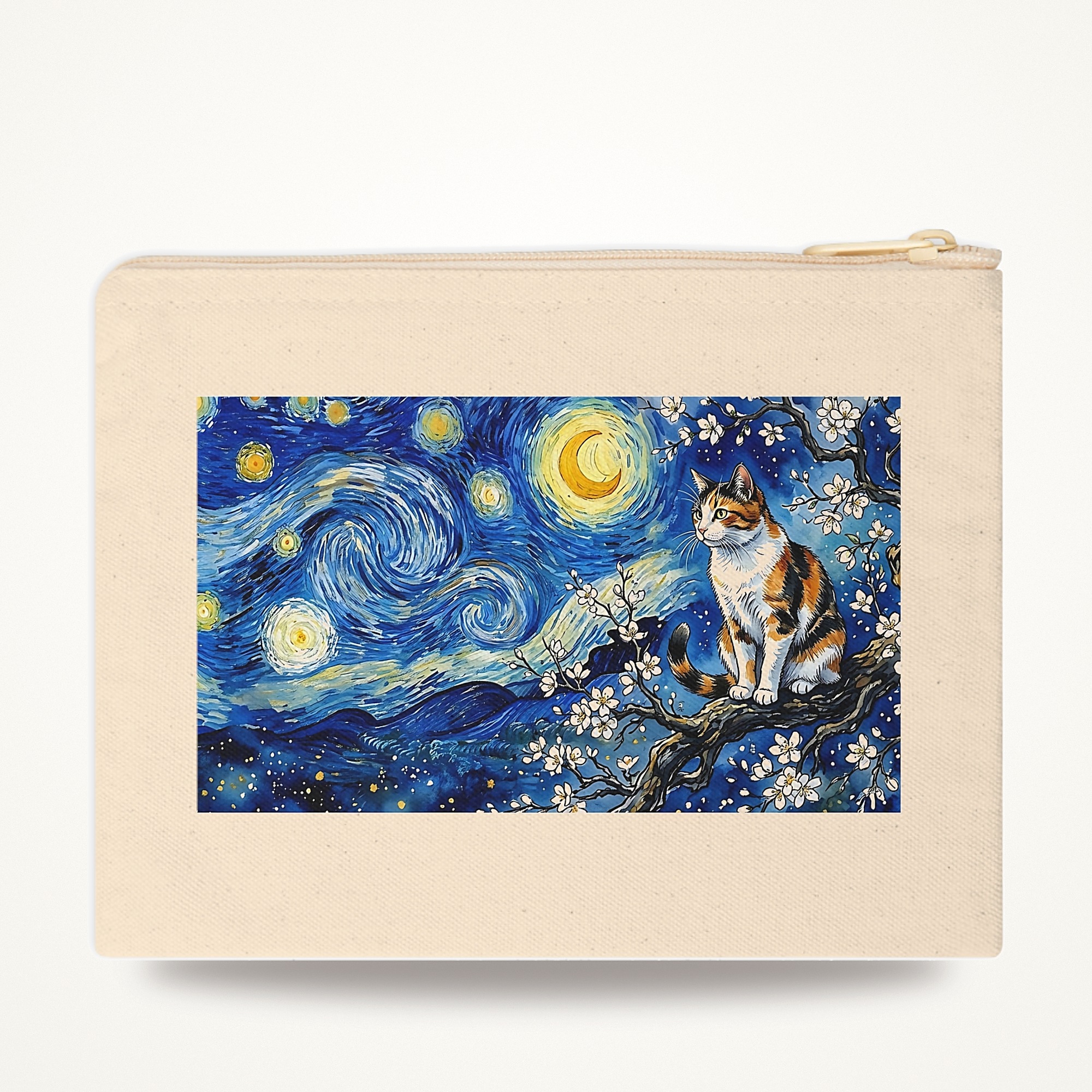 Calico Cat Zipper Pouch, Almond Blossom Starry Sky Watercolor Cat Makeup Bag
