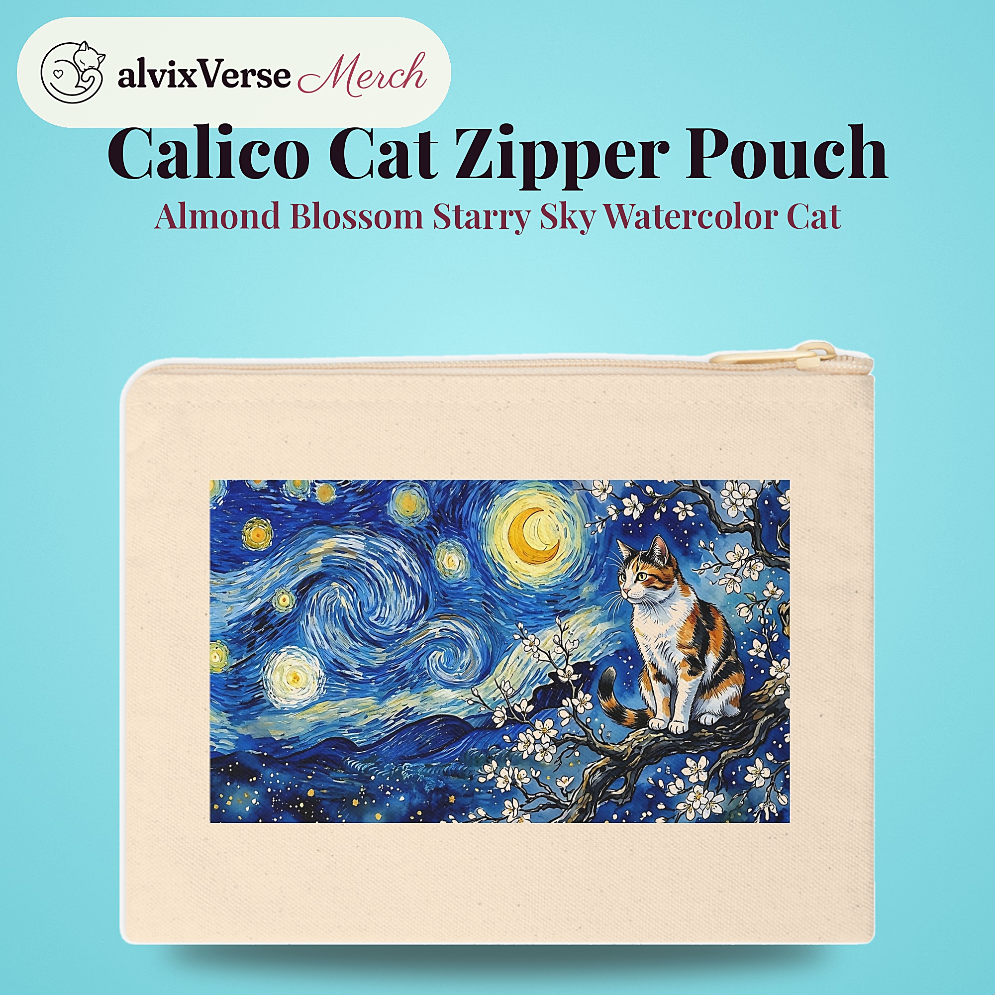 Calico Cat Zipper Pouch, Almond Blossom Starry Sky Watercolor Cat Makeup Bag - Image 2