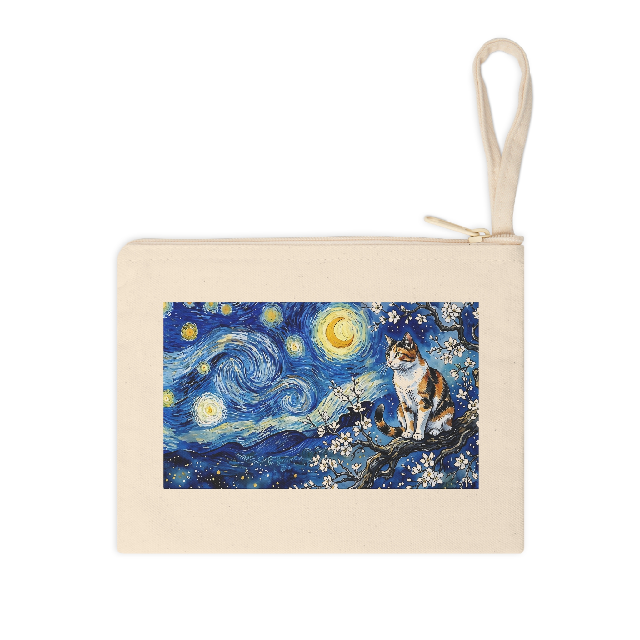 Calico Cat Zipper Pouch, Almond Blossom Starry Sky Watercolor Cat Makeup Bag - Image 3