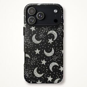 Rhinestone Stars and Moons Phone Case, Black Sparkle Print Tough Case for iPhone