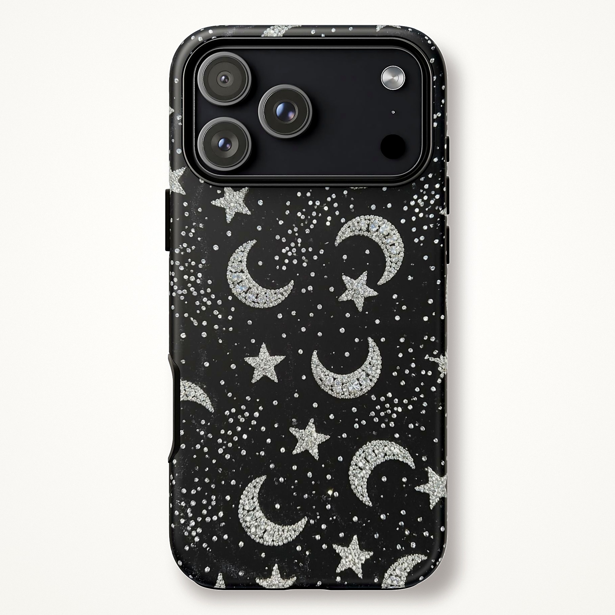 Rhinestone Stars and Moons Phone Case, Black Sparkle Print Tough Case for iPhone - Image 2