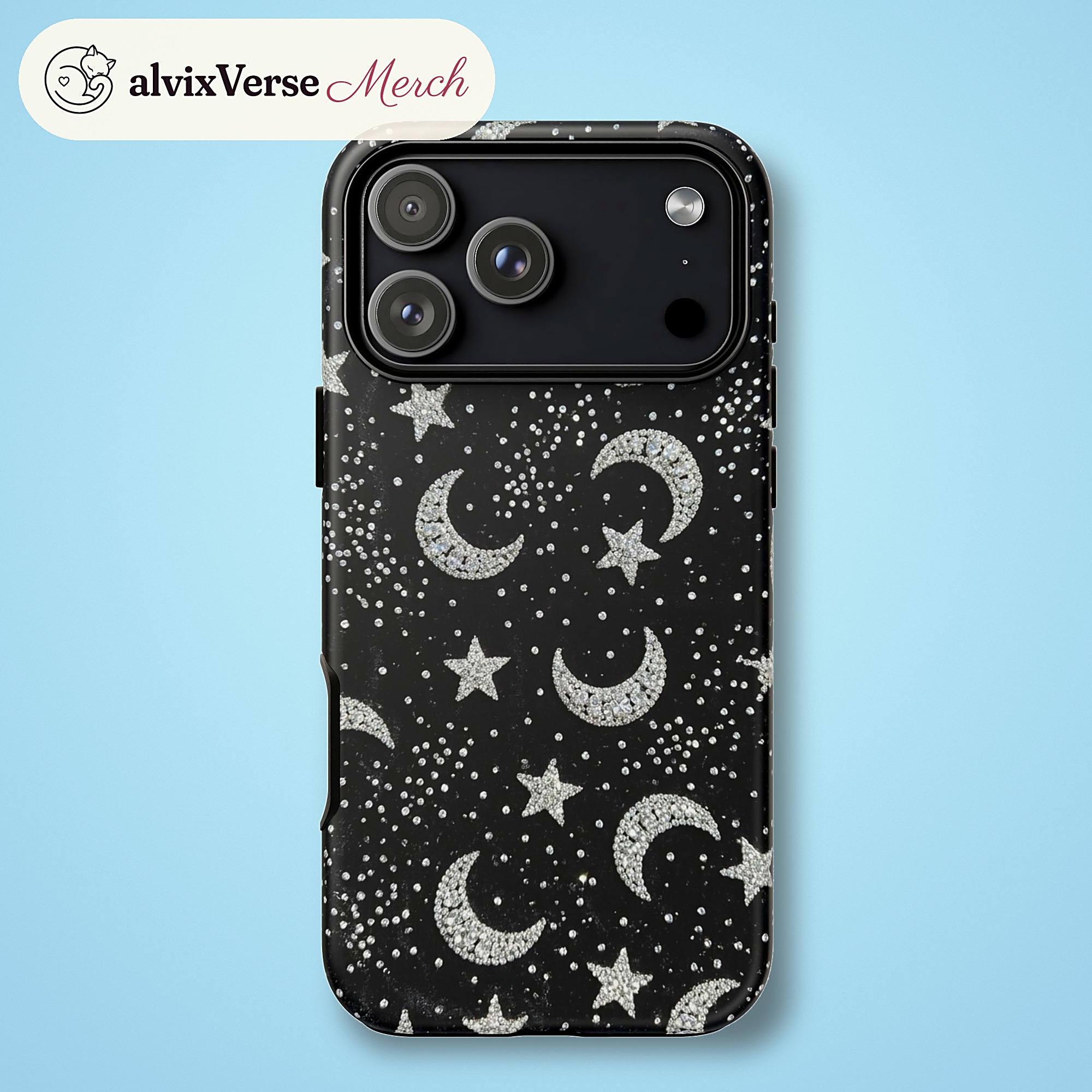 Rhinestone Stars and Moons Phone Case, Black Sparkle Print Tough Case for iPhone - Image 5