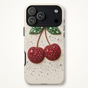 Rhinestone Cherry Phone Case, Y2K Crystal Sparkle Print Tough Case for iPhone