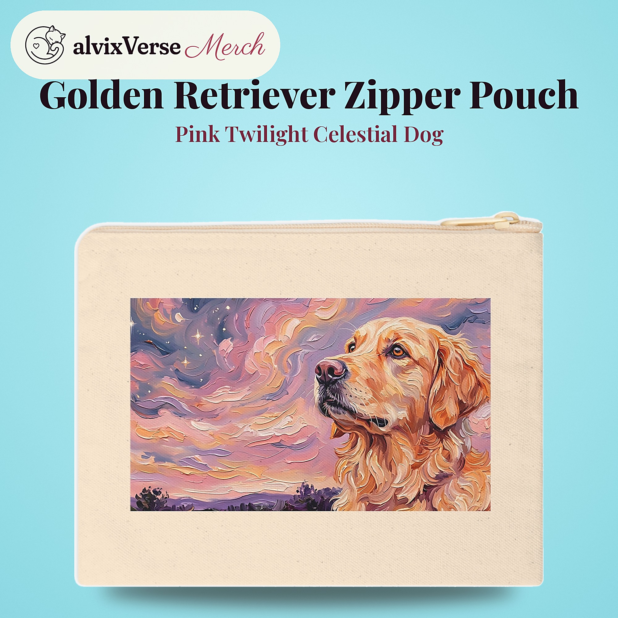 Golden Retriever Zipper Pouch, Pink Twilight Celestial Dog Makeup Bag - Image 2