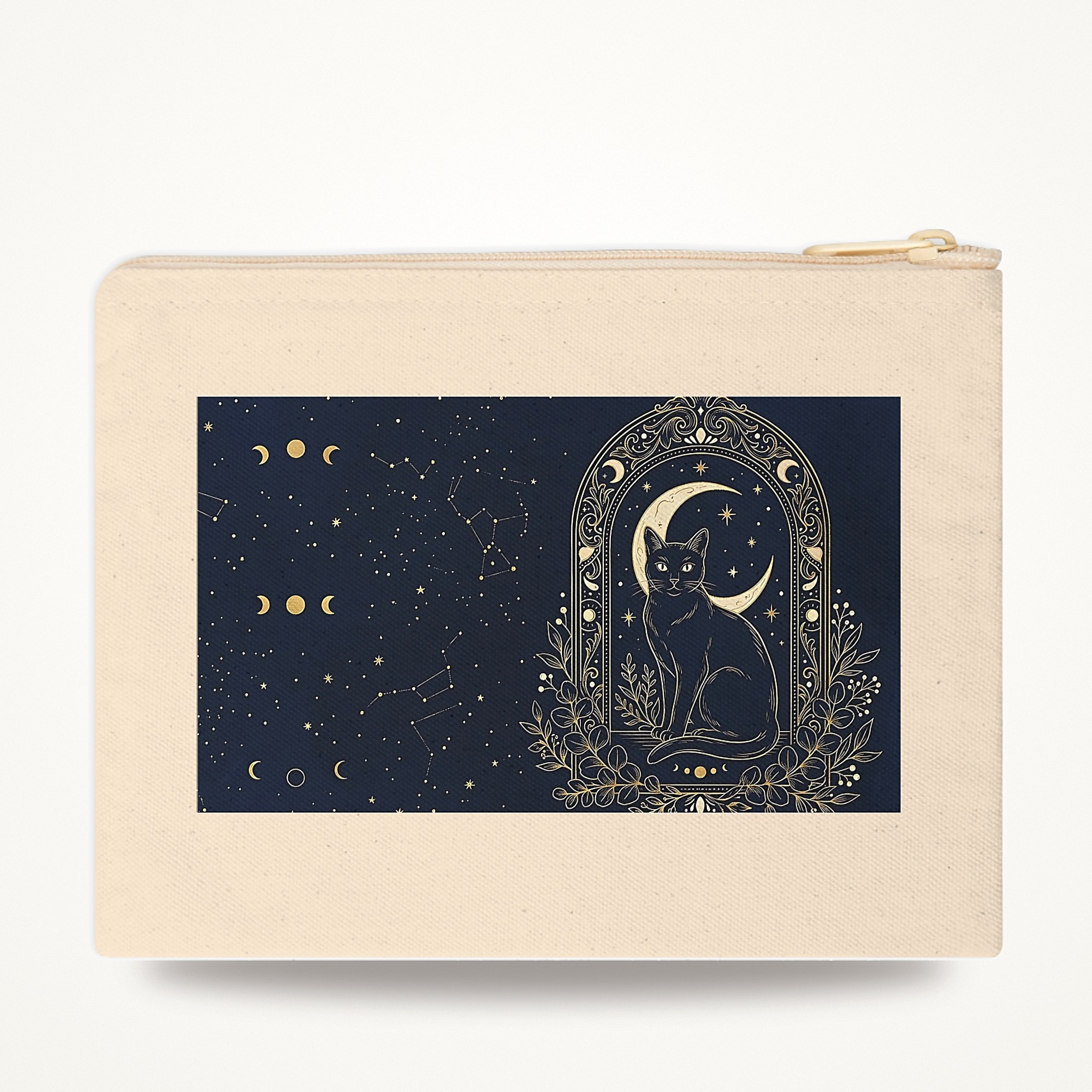 Black Cat Zipper Pouch, Witchy Crescent Moon Navy and Gold Makeup Bag
