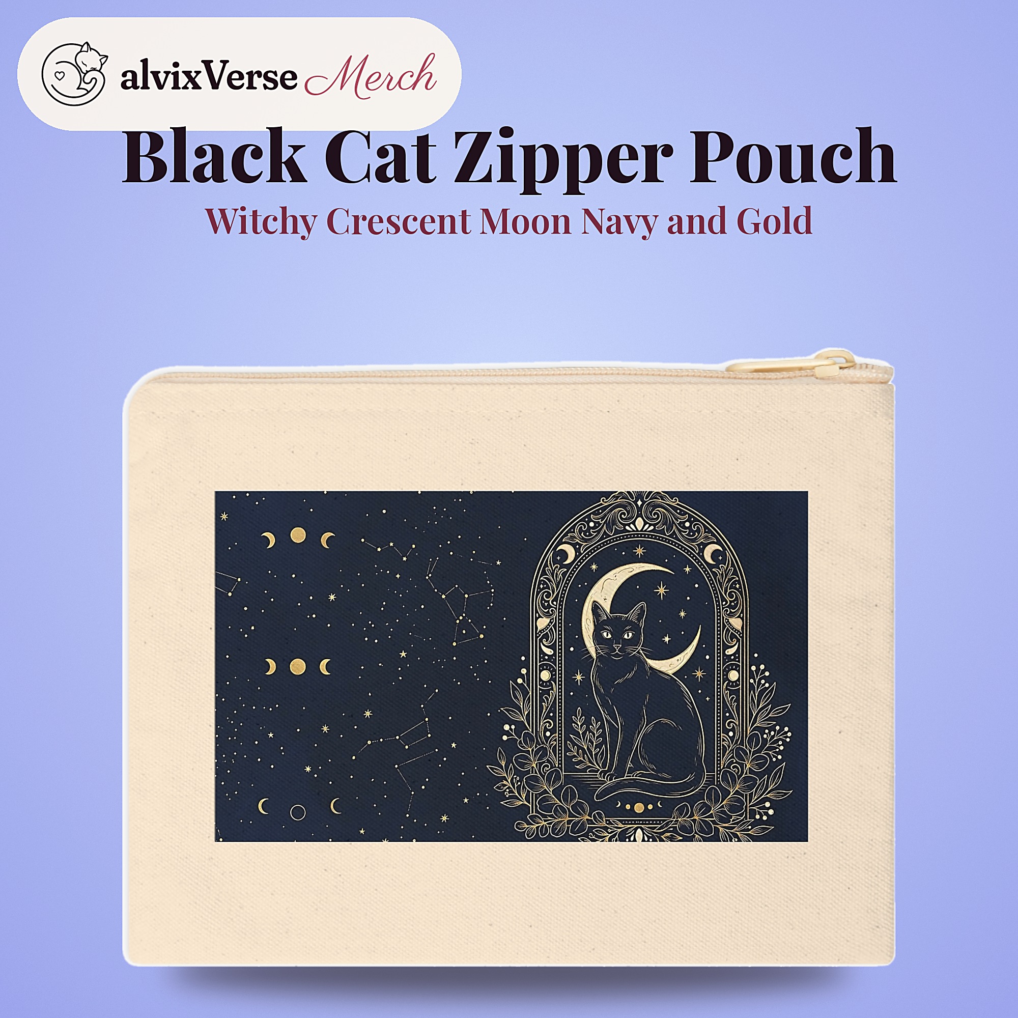 Black Cat Zipper Pouch, Witchy Crescent Moon Navy and Gold Makeup Bag - Image 2