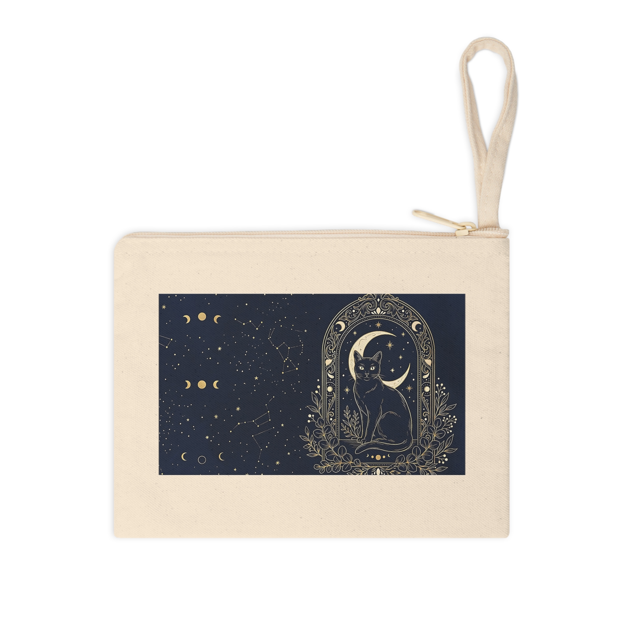 Black Cat Zipper Pouch, Witchy Crescent Moon Navy and Gold Makeup Bag - Image 3