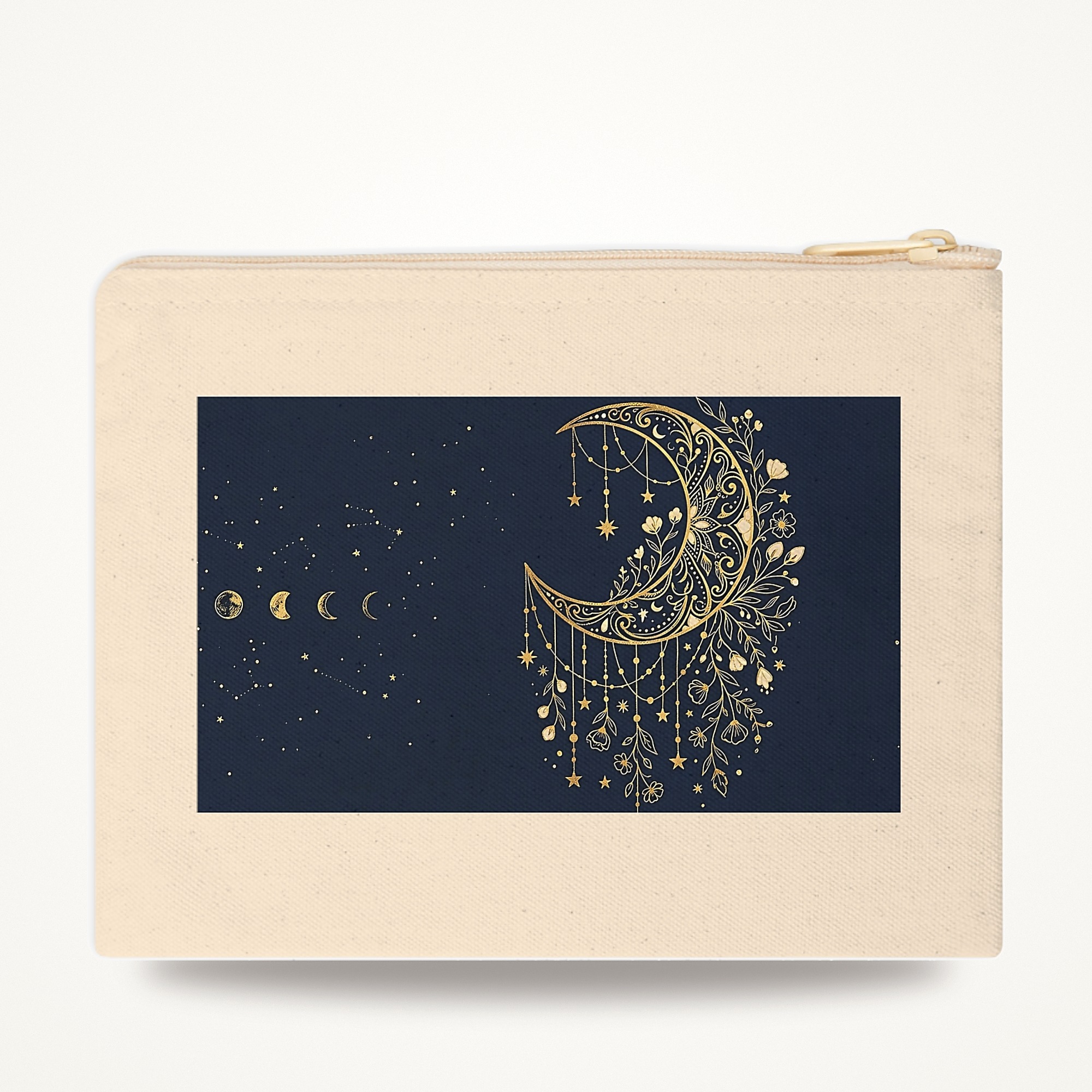 Crescent Moon Zipper Pouch, Celestial Hanging Stars Navy and Gold Makeup Bag