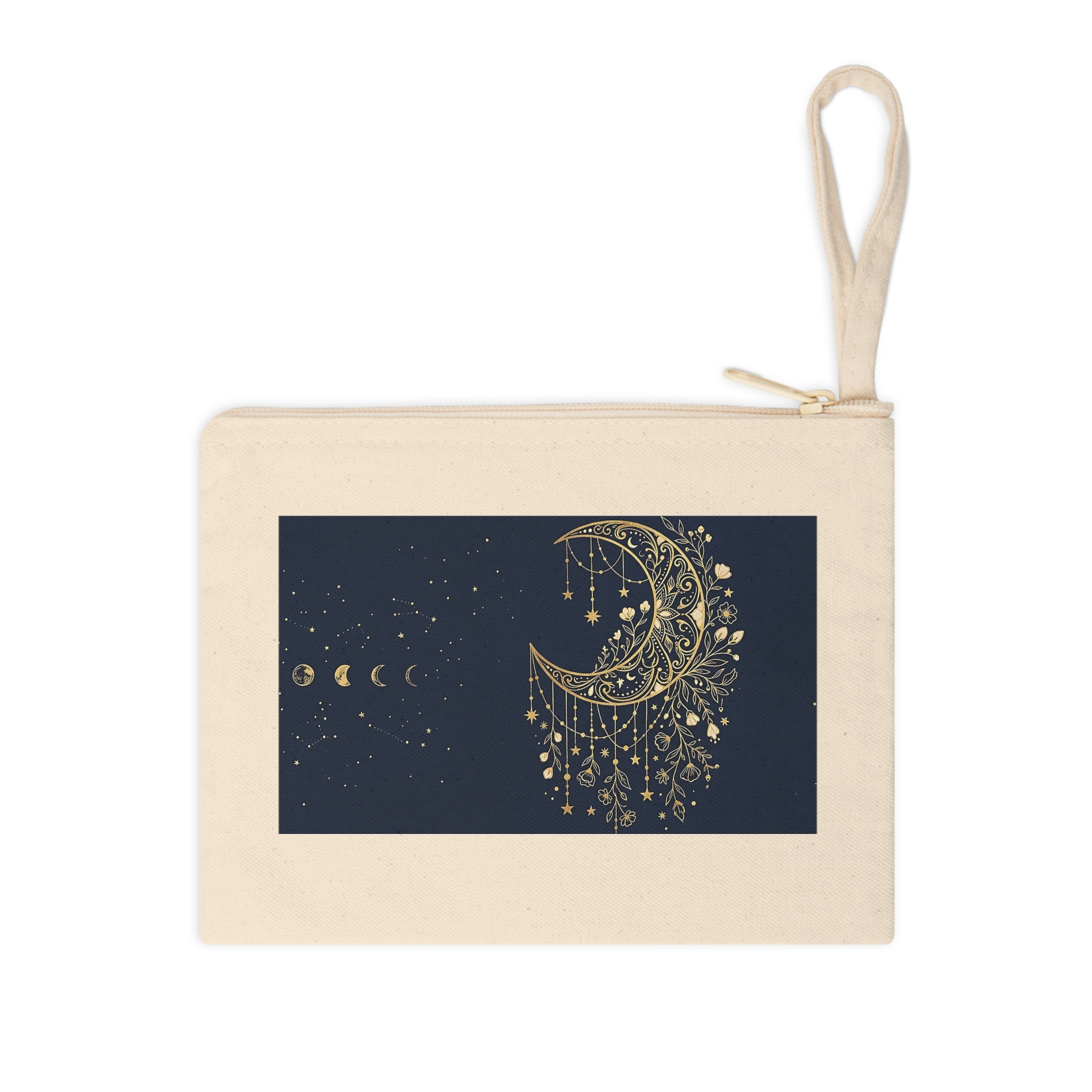 Crescent Moon Zipper Pouch, Celestial Hanging Stars Navy and Gold Makeup Bag - Image 3