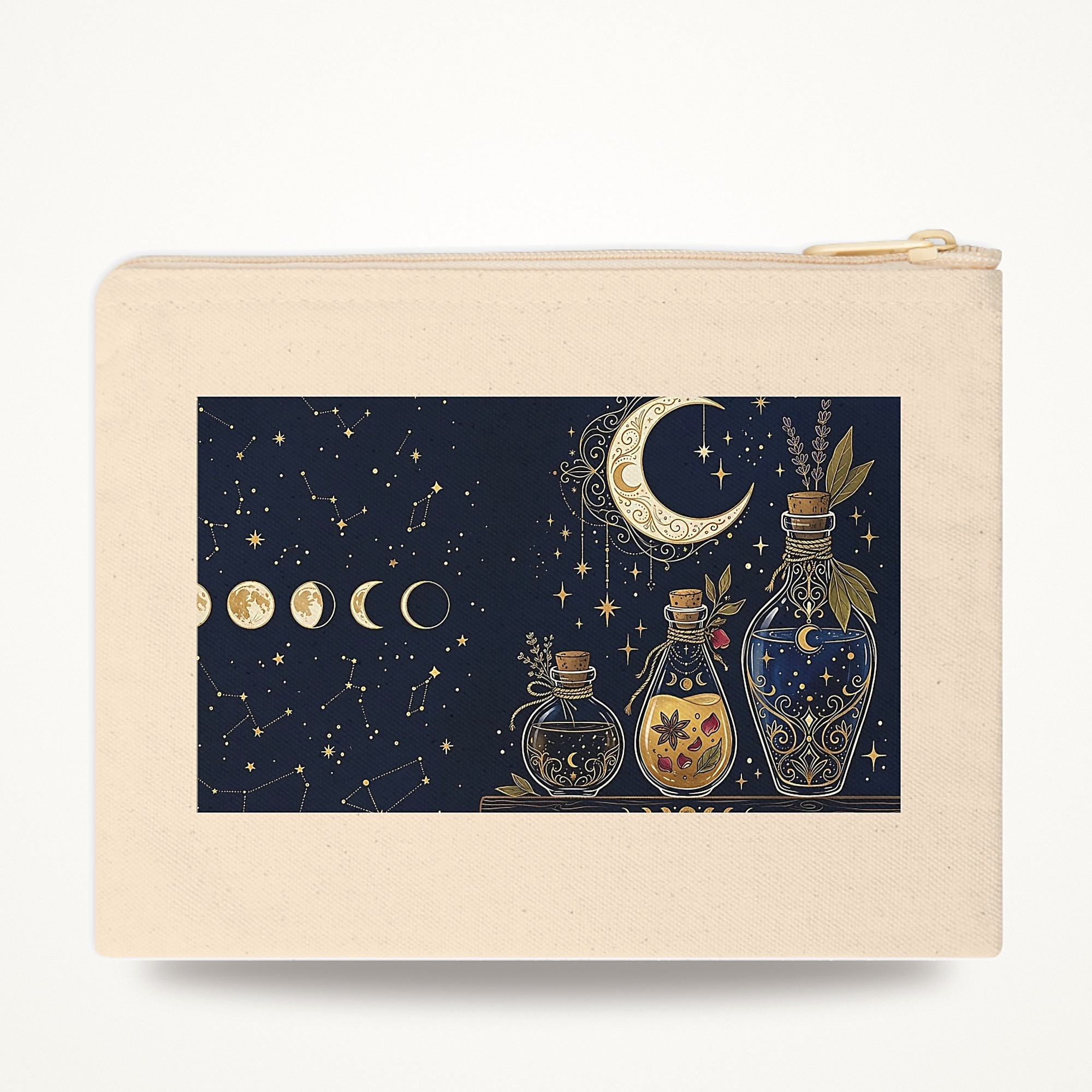 Potion Bottle Zipper Pouch, Witchy Apothecary Navy and Gold Makeup Bag
