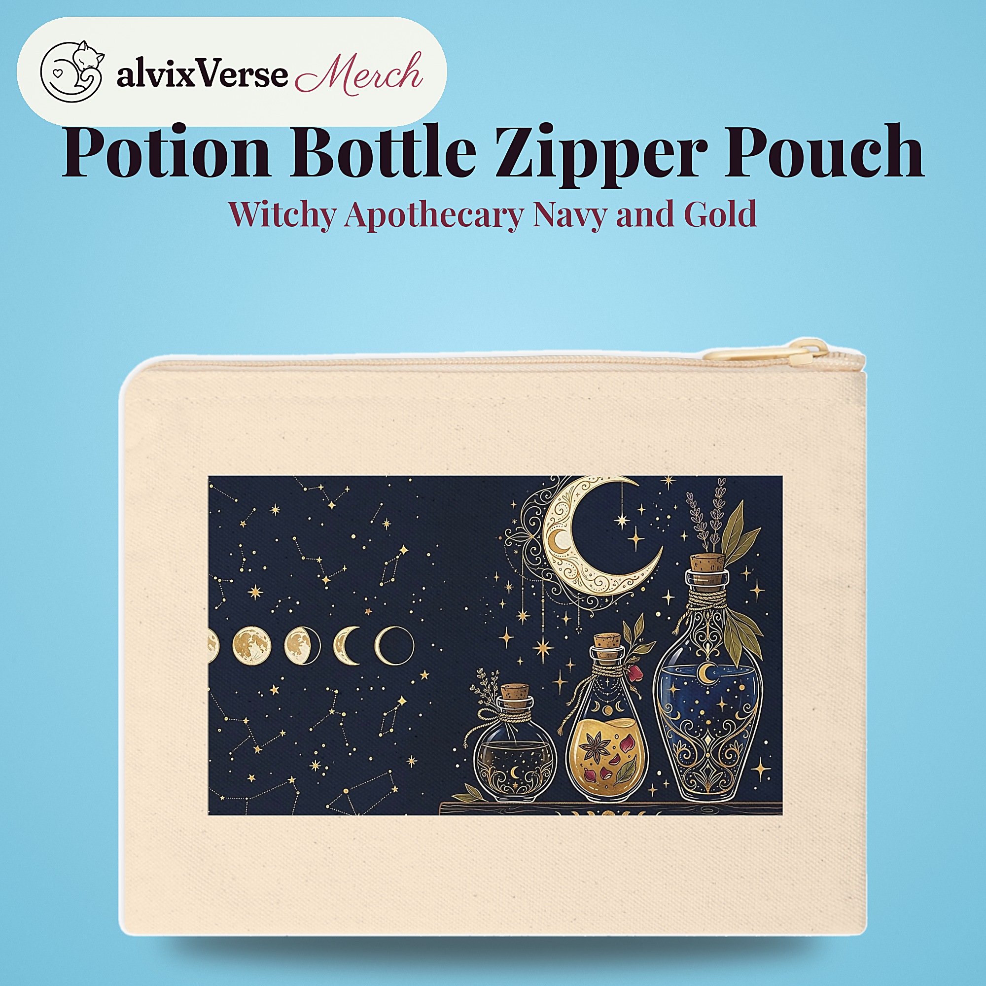 Potion Bottle Zipper Pouch, Witchy Apothecary Navy and Gold Makeup Bag - Image 2