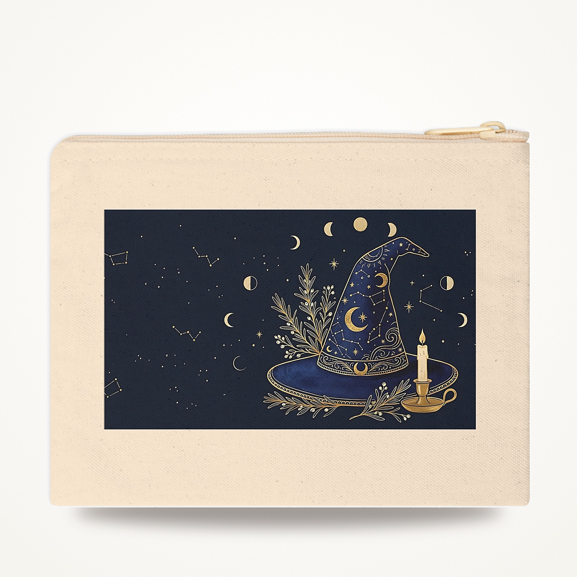 Witch Hat Zipper Pouch, Moon and Stars Witchy Navy and Gold Makeup Bag