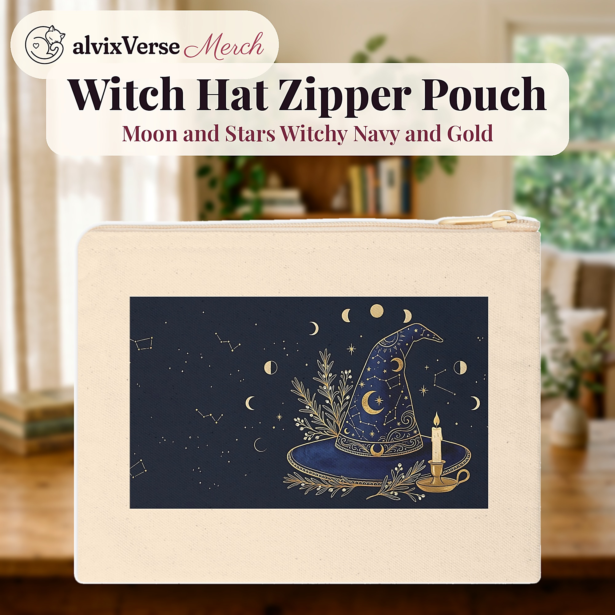 Witch Hat Zipper Pouch, Moon and Stars Witchy Navy and Gold Makeup Bag - Image 2
