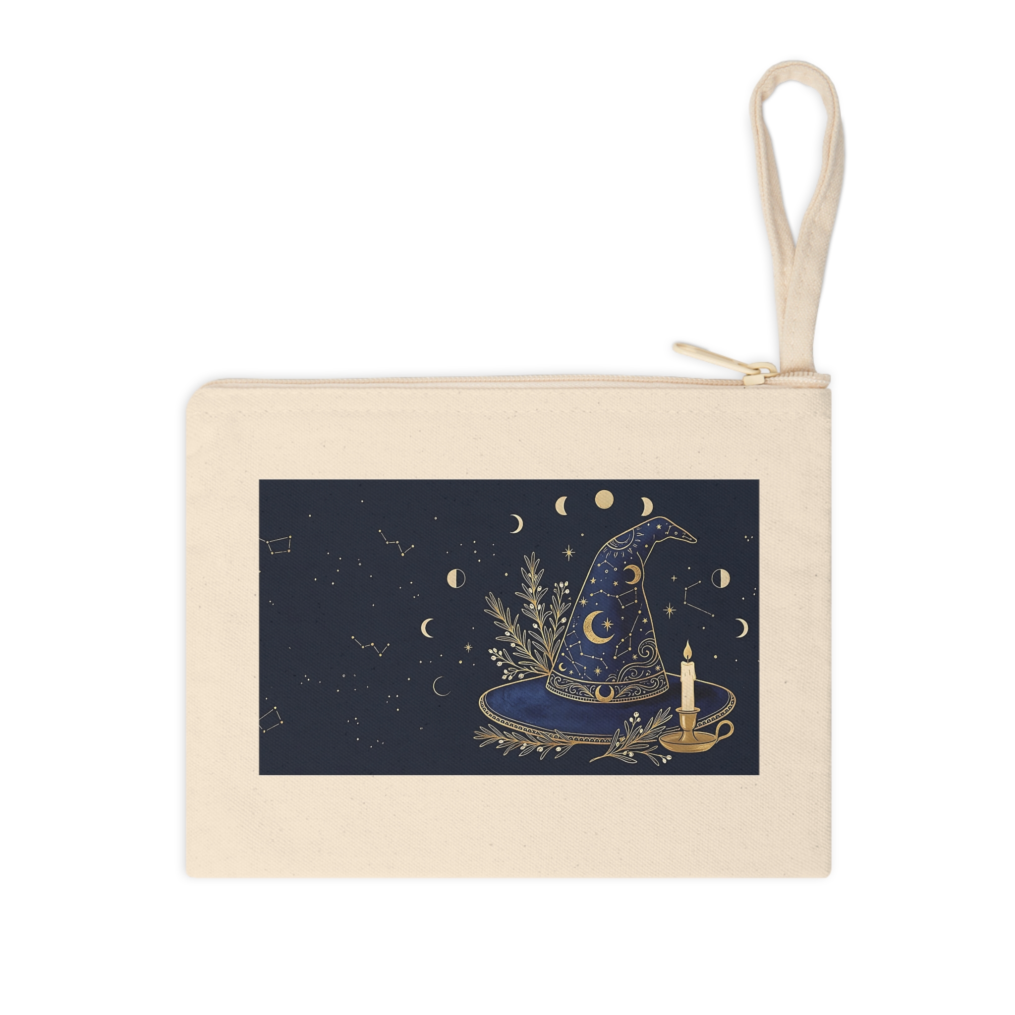 Witch Hat Zipper Pouch, Moon and Stars Witchy Navy and Gold Makeup Bag - Image 3