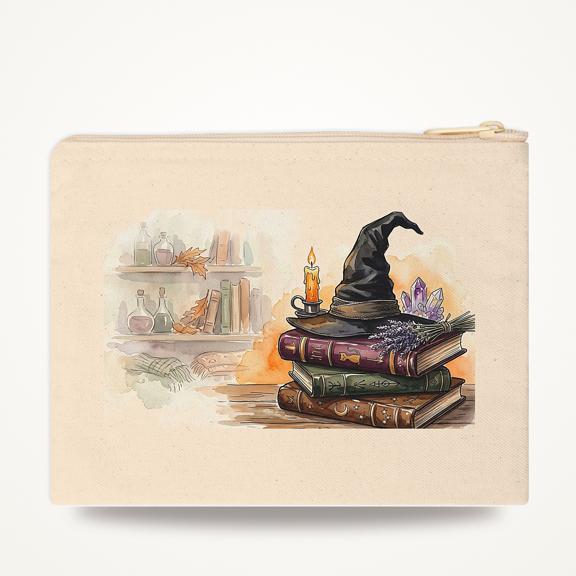 Witch Hat Zipper Pouch, Spell Books and Candles Halloween Makeup Bag