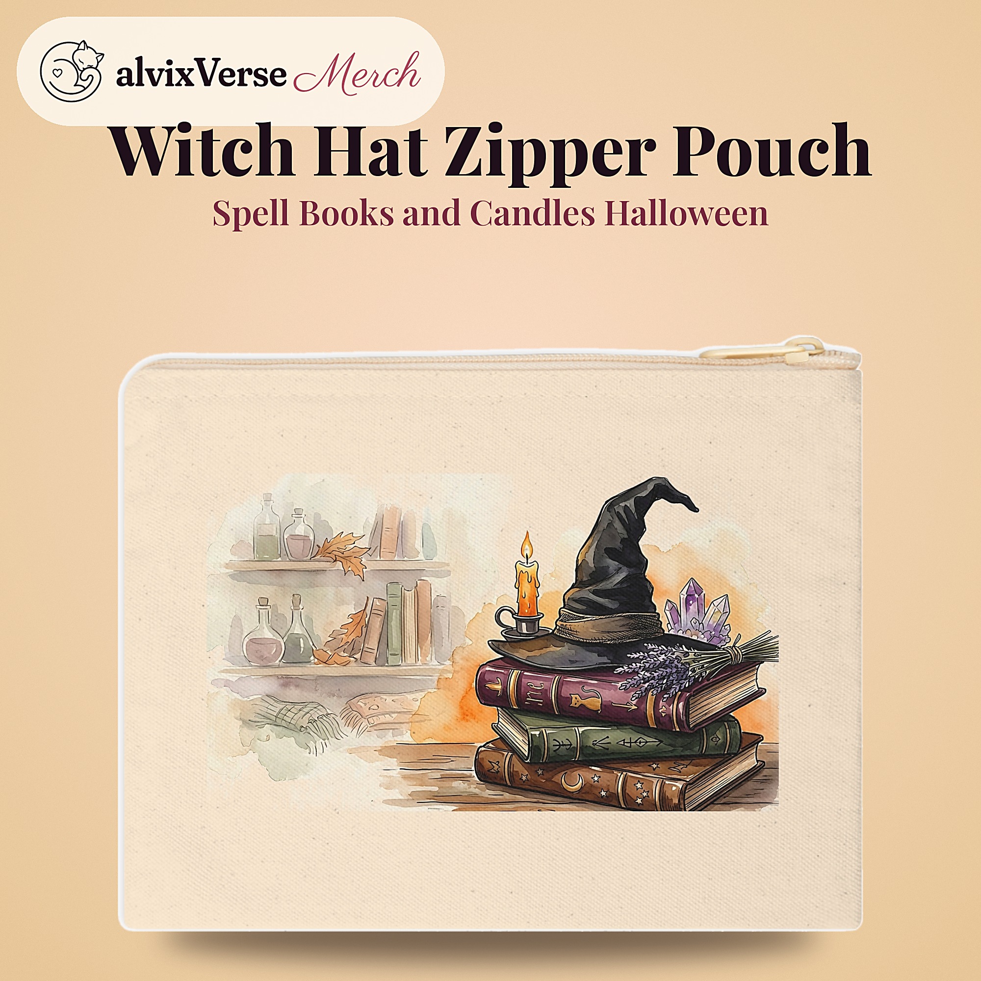 Witch Hat Zipper Pouch, Spell Books and Candles Halloween Makeup Bag - Image 2