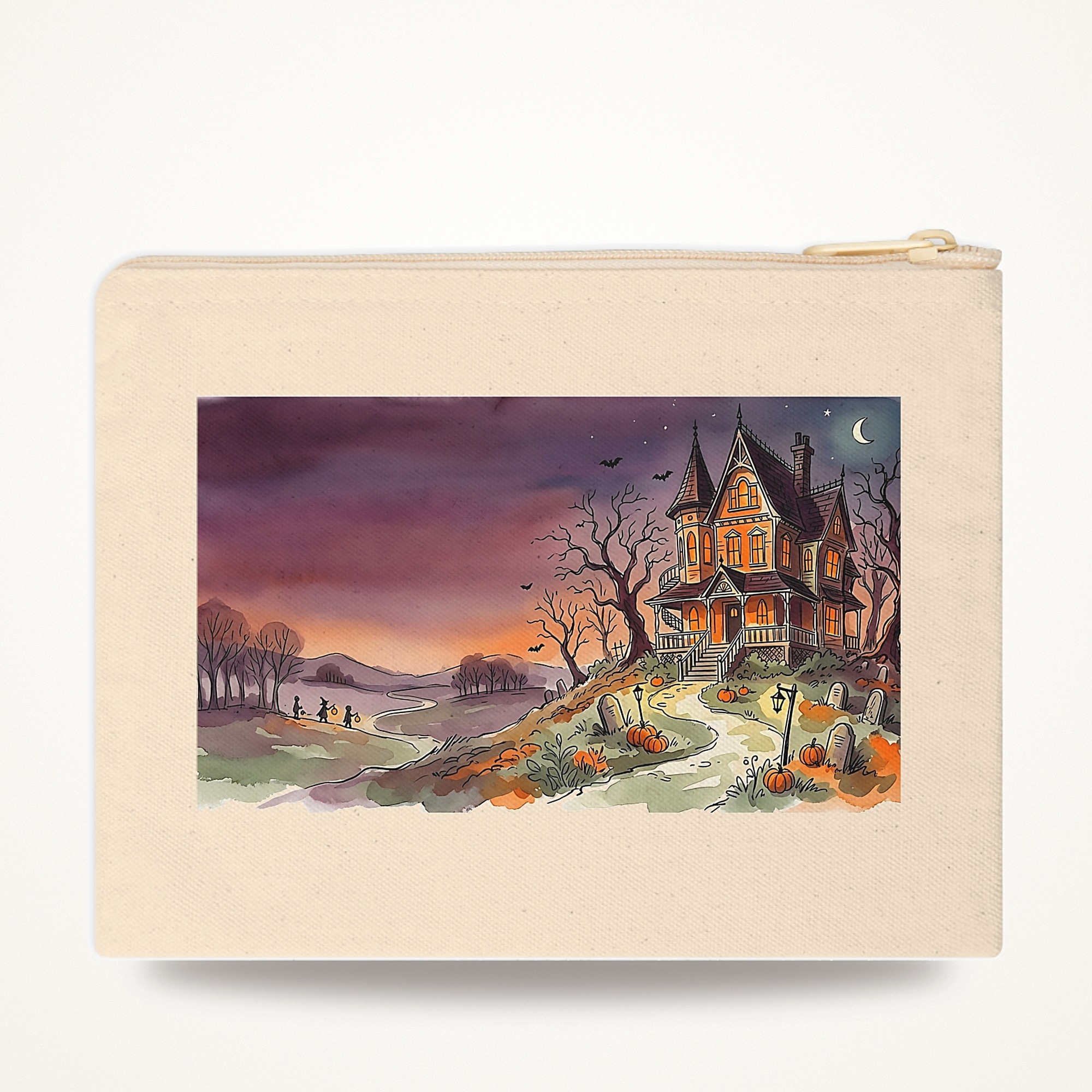 Haunted House Zipper Pouch, Dusk Watercolor Halloween Makeup Bag