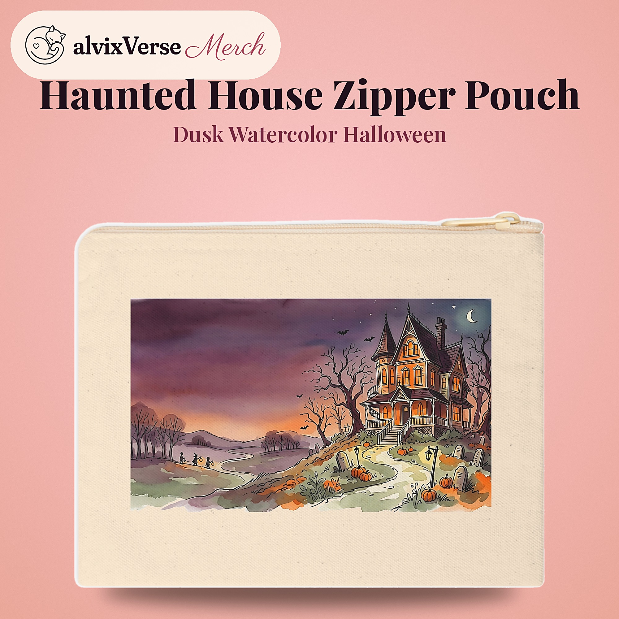Haunted House Zipper Pouch, Dusk Watercolor Halloween Makeup Bag - Image 2