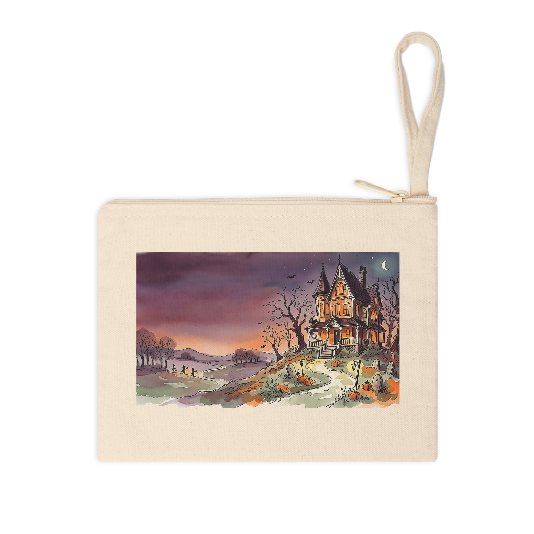 Haunted House Zipper Pouch, Dusk Watercolor Halloween Makeup Bag - Image 3