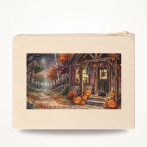 Halloween Zipper Pouch, Witch Cottage Porch Watercolor Makeup Bag