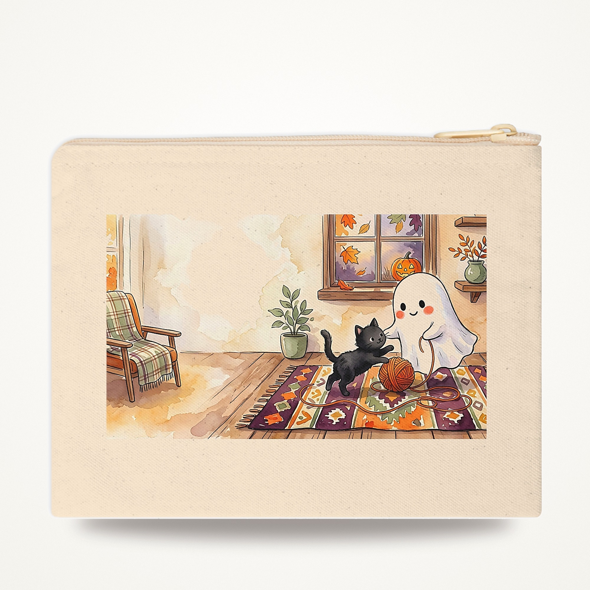 Cute Ghost Zipper Pouch, Black Kitten Friend Watercolor Halloween Makeup Bag