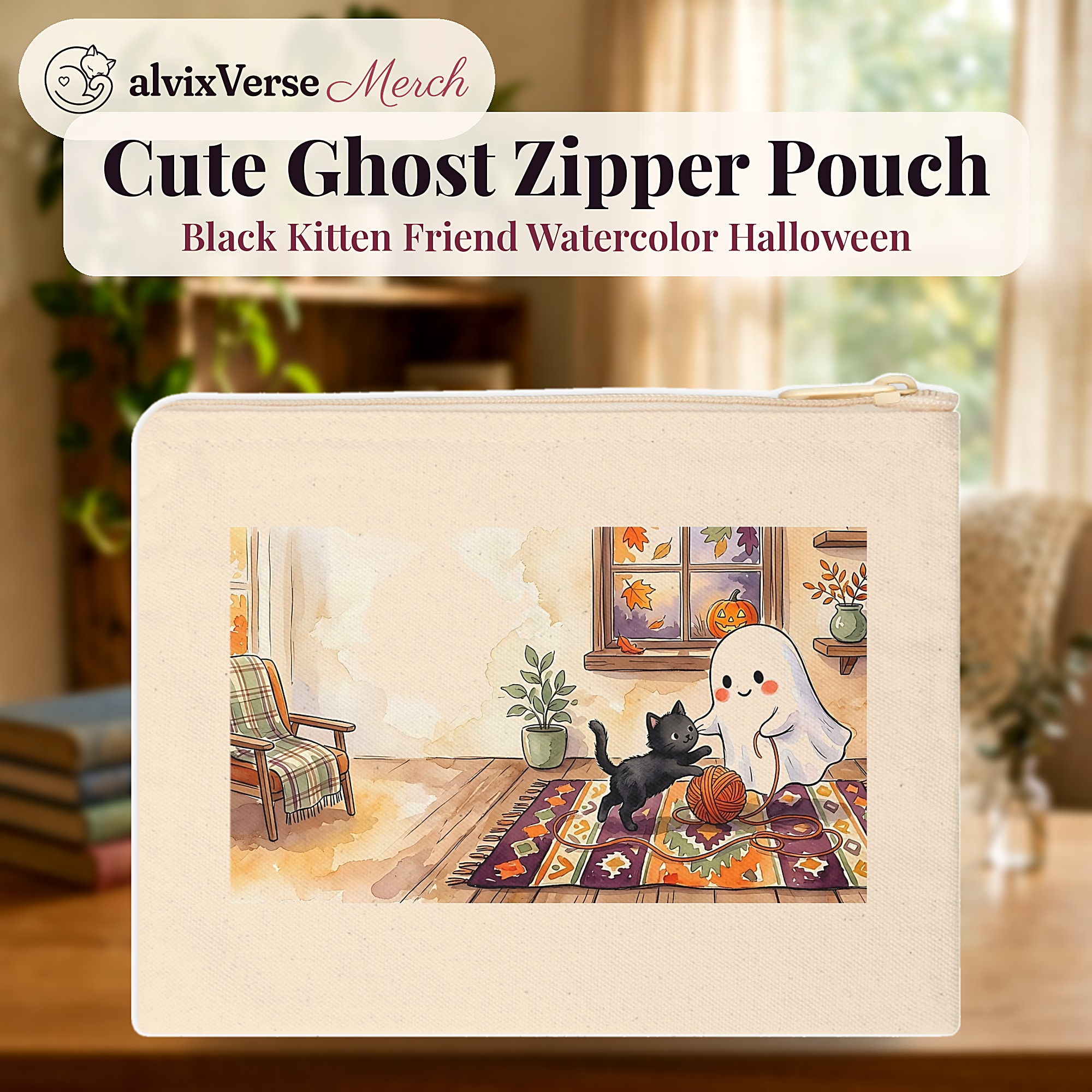 Cute Ghost Zipper Pouch, Black Kitten Friend Watercolor Halloween Makeup Bag - Image 2