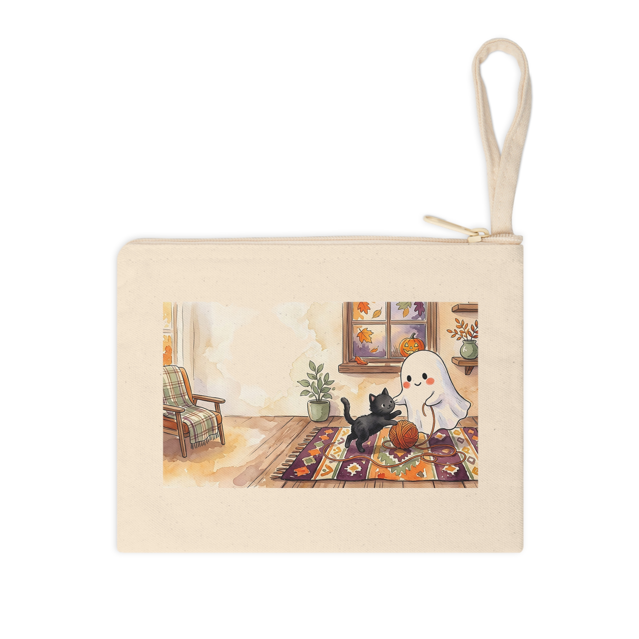 Cute Ghost Zipper Pouch, Black Kitten Friend Watercolor Halloween Makeup Bag - Image 3