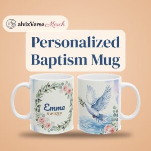Baptism Gift Mug Personalized with Name, Watercolor Dove and Olive Wreath Christening Cup, photo 2 of 5