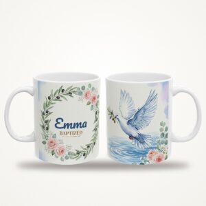 Baptism Gift Mug Personalized with Name, Watercolor Dove and Olive Wreath Christening Cup, photo 3 of 5