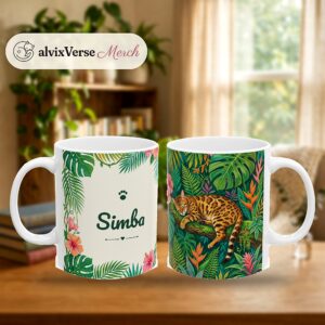 Custom Cat Mug with Your Cat's Name, Bengal Cat Tropical Jungle Personalized Coffee Cup, photo 2 of 5