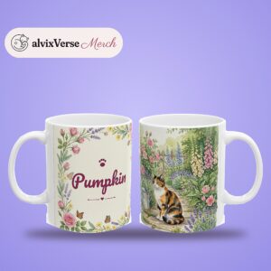 Custom Cat Mug with Your Cat's Name, Calico Cat Cottage Garden Personalized Coffee Cup, photo 2 of 5