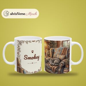 Custom Cat Mug with Your Cat's Name, Grey Tabby Cat Reading Nook Personalized Coffee Cup, photo 2 of 5