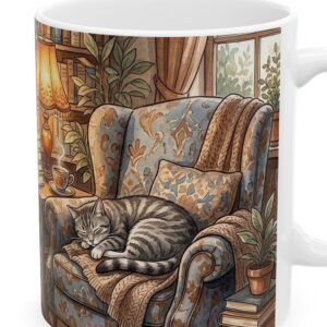 Custom Cat Mug with Your Cat's Name, Grey Tabby Cat Reading Nook Personalized Coffee Cup, photo 3 of 5