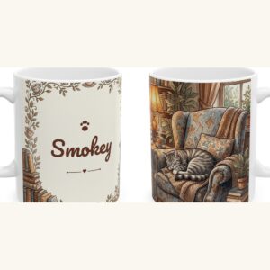 Custom Cat Mug with Your Cat's Name, Grey Tabby Cat Reading Nook Personalized Coffee Cup, photo 5 of 5