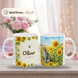 Custom Cat Mug with Your Cat's Name, Grey Tabby Cat Sunflower Field Personalized Coffee Cup, photo 2 of 5