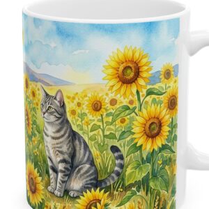 Custom Cat Mug with Your Cat's Name, Grey Tabby Cat Sunflower Field Personalized Coffee Cup, photo 3 of 5