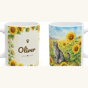 Custom Cat Mug with Your Cat's Name, Grey Tabby Cat Sunflower Field Personalized Coffee Cup, photo 5 of 5
