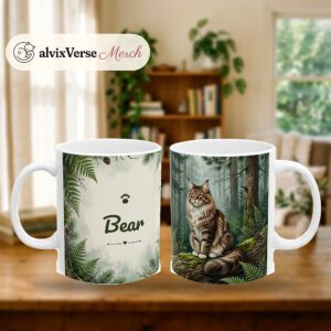 Custom Cat Mug with Your Cat's Name, Maine Coon Cat Pine Forest Personalized Coffee Cup, photo 2 of 5