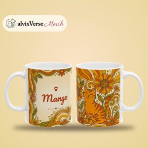 Custom Cat Mug with Your Cat's Name, Orange Tabby Cat Groovy Sunflowers Personalized Coffee Cup, photo 2 of 5
