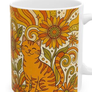 Custom Cat Mug with Your Cat's Name, Orange Tabby Cat Groovy Sunflowers Personalized Coffee Cup, photo 3 of 5