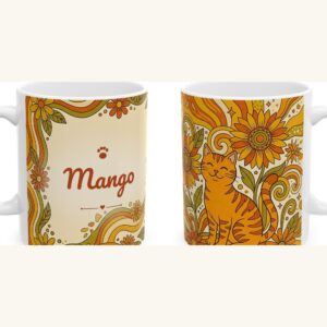 Custom Cat Mug with Your Cat's Name, Orange Tabby Cat Groovy Sunflowers Personalized Coffee Cup, photo 5 of 5